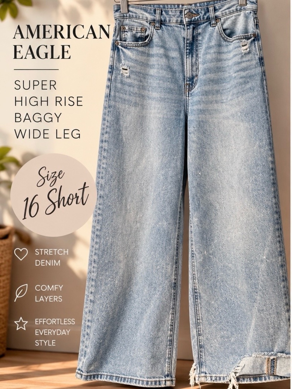 AE Super High Rise Baggy Wide Leg Distressed Jeans 16 *Short*